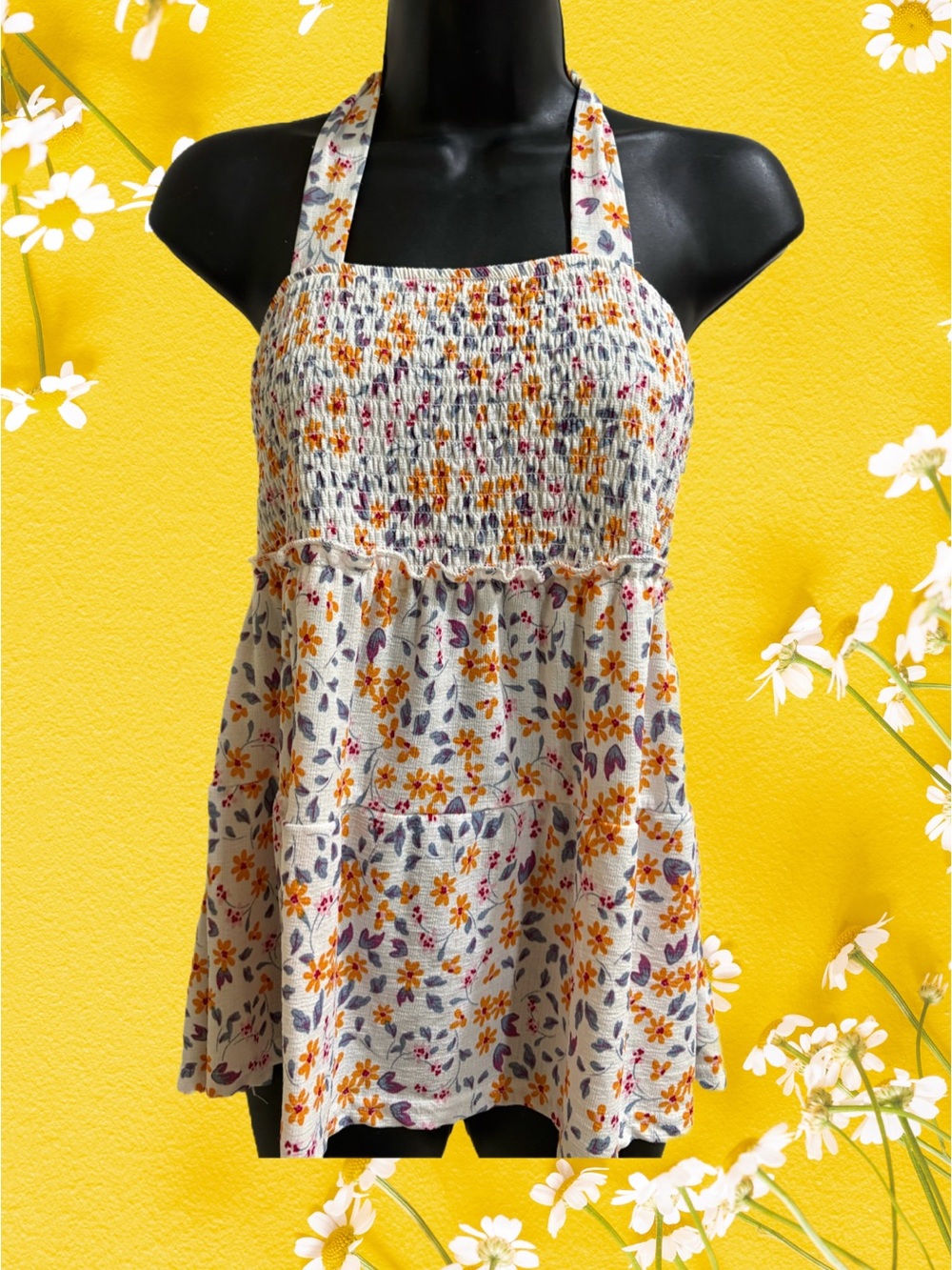 Smocked Halter Floral Tank Top - White with Yellow & Purple Floral❤️